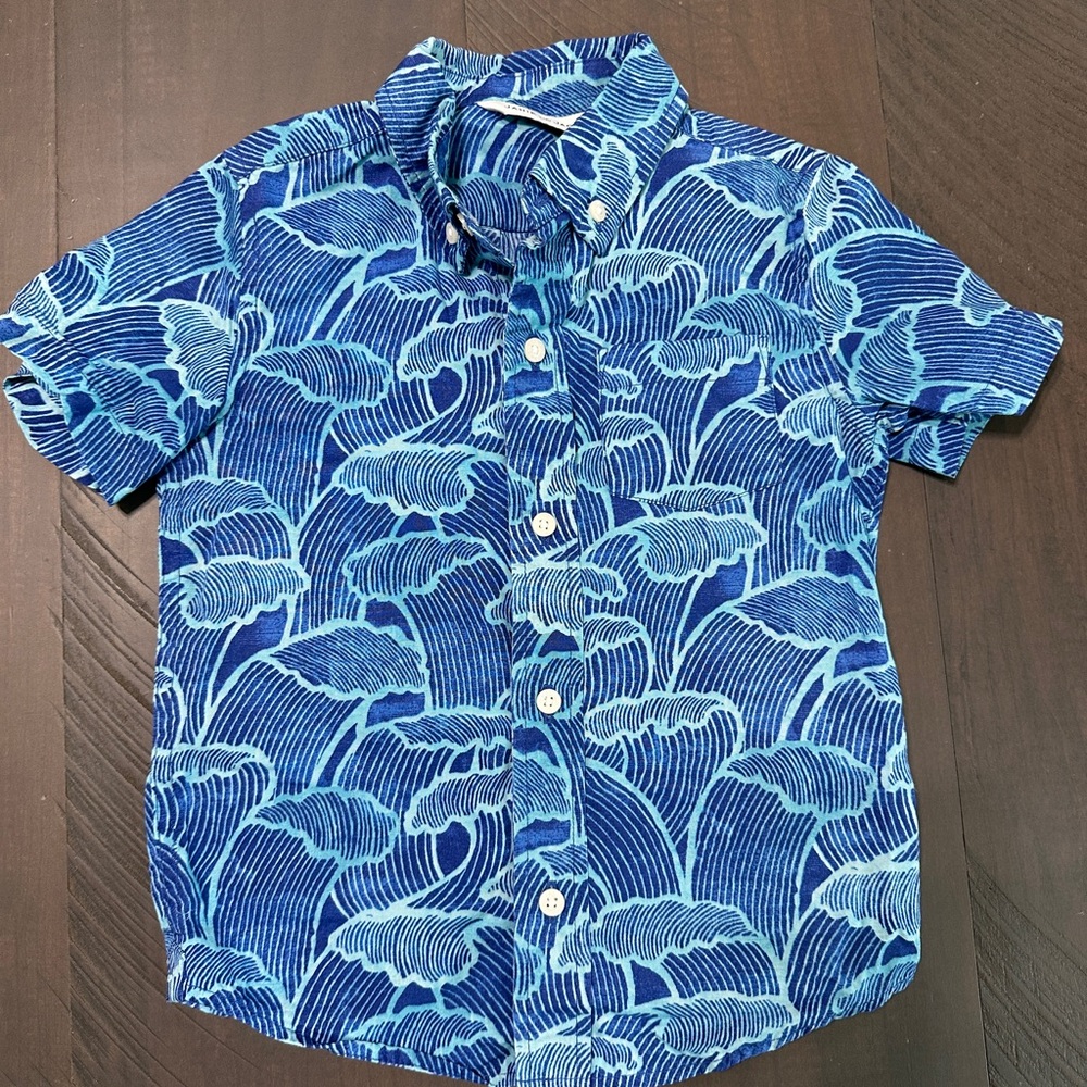 Janie and Jack Blue Button Down Shirt with Tropical Print
